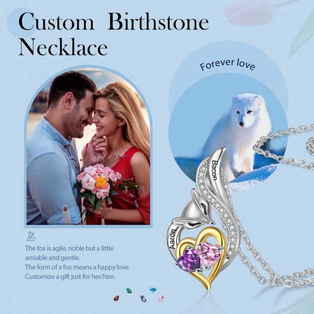 Mother's Day Gift Custom Heart Fox Pendant Necklace with 2 Birthstones Animal Necklace for Girls-Engravingift