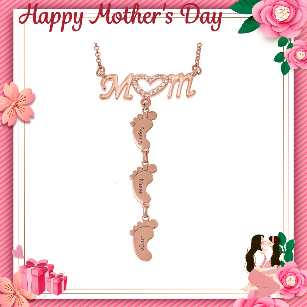 Christmas Gift Personalised Heart Crystal Mom Necklace With Baby Feet