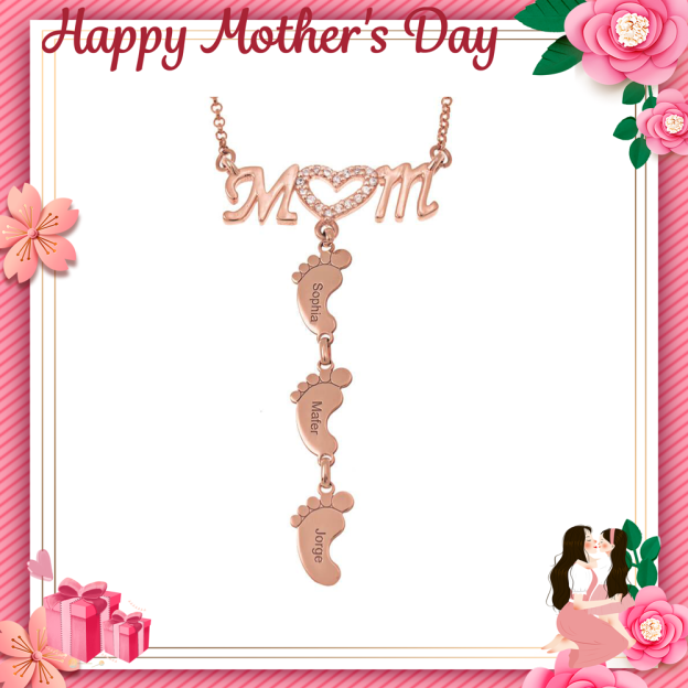 Christmas Gift Personalised Heart Crystal Mom Necklace With Baby Feet
