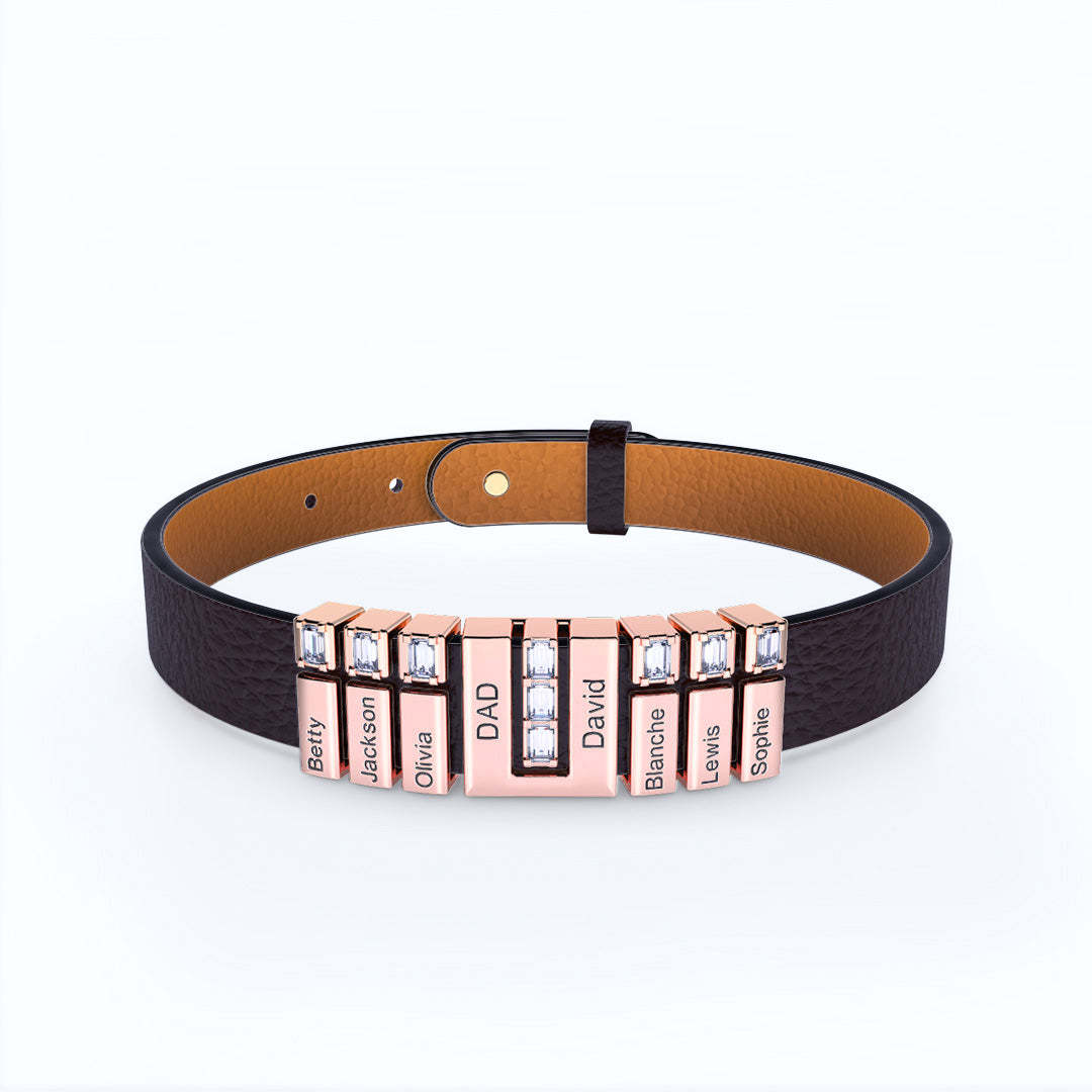 Personalized Leather V Bracelet With Diamond Charms for Grandma/Mom/Dad