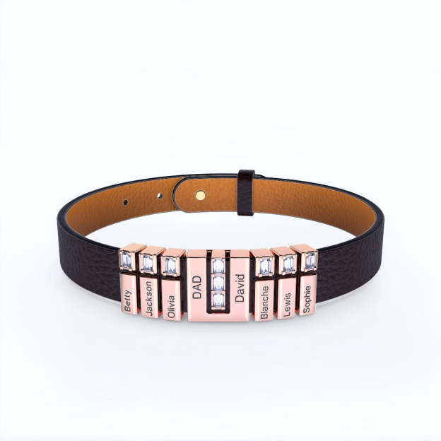 Personalized Leather V Bracelet With Diamond Charms for Grandma/Mom/Dad