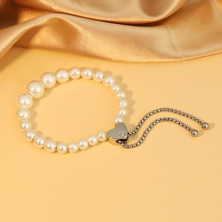 Mother's Day Gift Round White Freshwater Cultured Pearl Heart Bracelet for Women-Engravingift