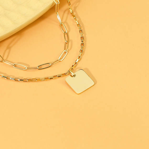 Mother's Day Gift Double chain square pendant necklace-Engravingift