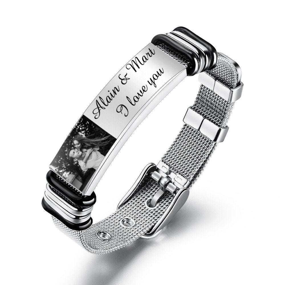 Father's Day Gift Personalized Men Photo Bracelet Engraved ID Bar Bracelet-Engravingift