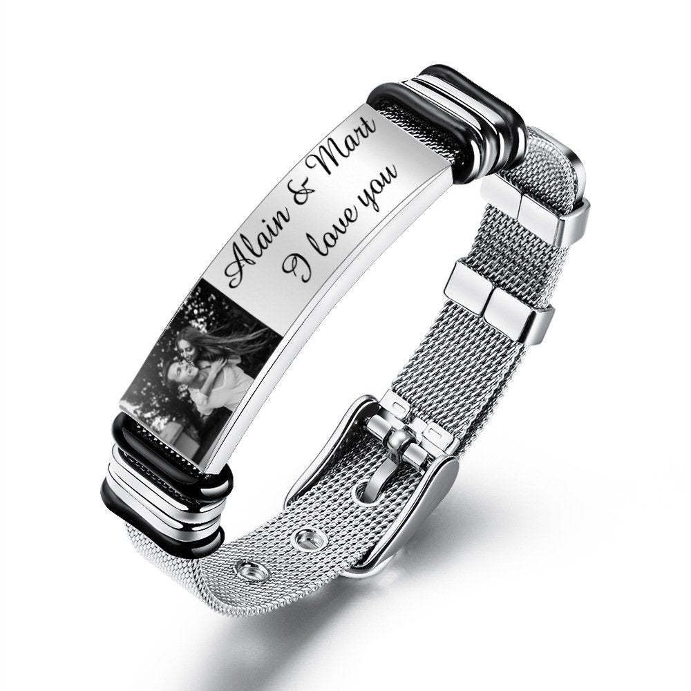 Father's Day Gift Personalized Men Photo Bracelet Engraved ID Bar Bracelet-Engravingift