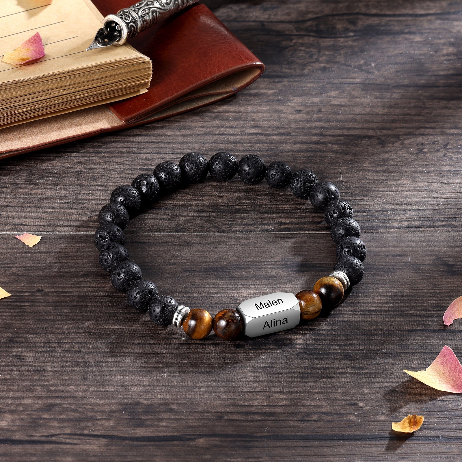 Christmas Gift Personalized Black Onyx Bracelet Engraves 4 Names Beads Warp Bracelet