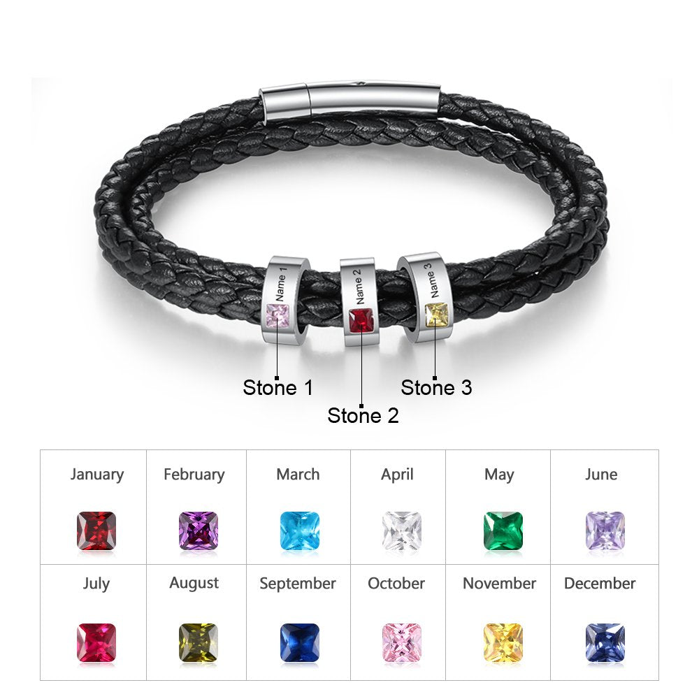 Christmas Gift Personalized Mens Leather Bracelet  Beads with Birthstones