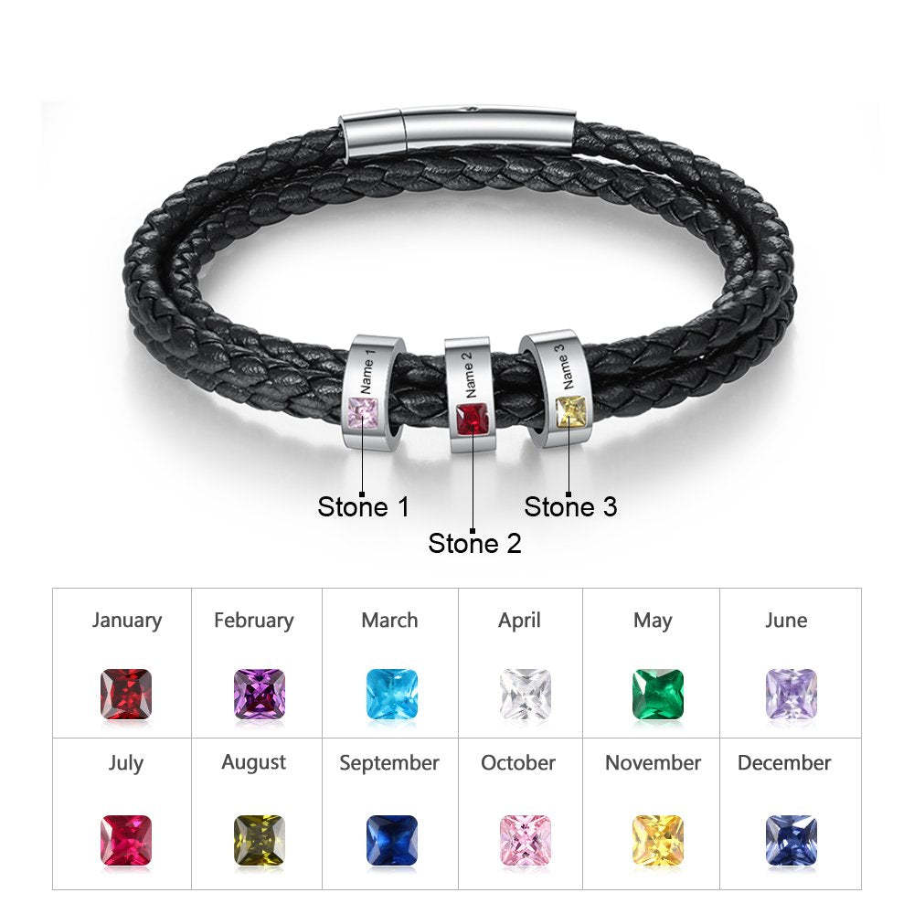Christmas Gift Personalized Mens Leather Bracelet Beads with Birthstones