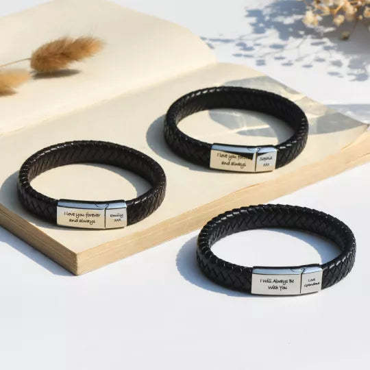 Christmas Gift Personalized Braided Leather Bracelet for Grandson "I Will Always Be With You"