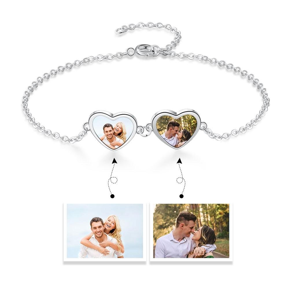 Christmas Gift Personalized Photo Bracelet With Two Heart Pendant Engraved 2 Names
