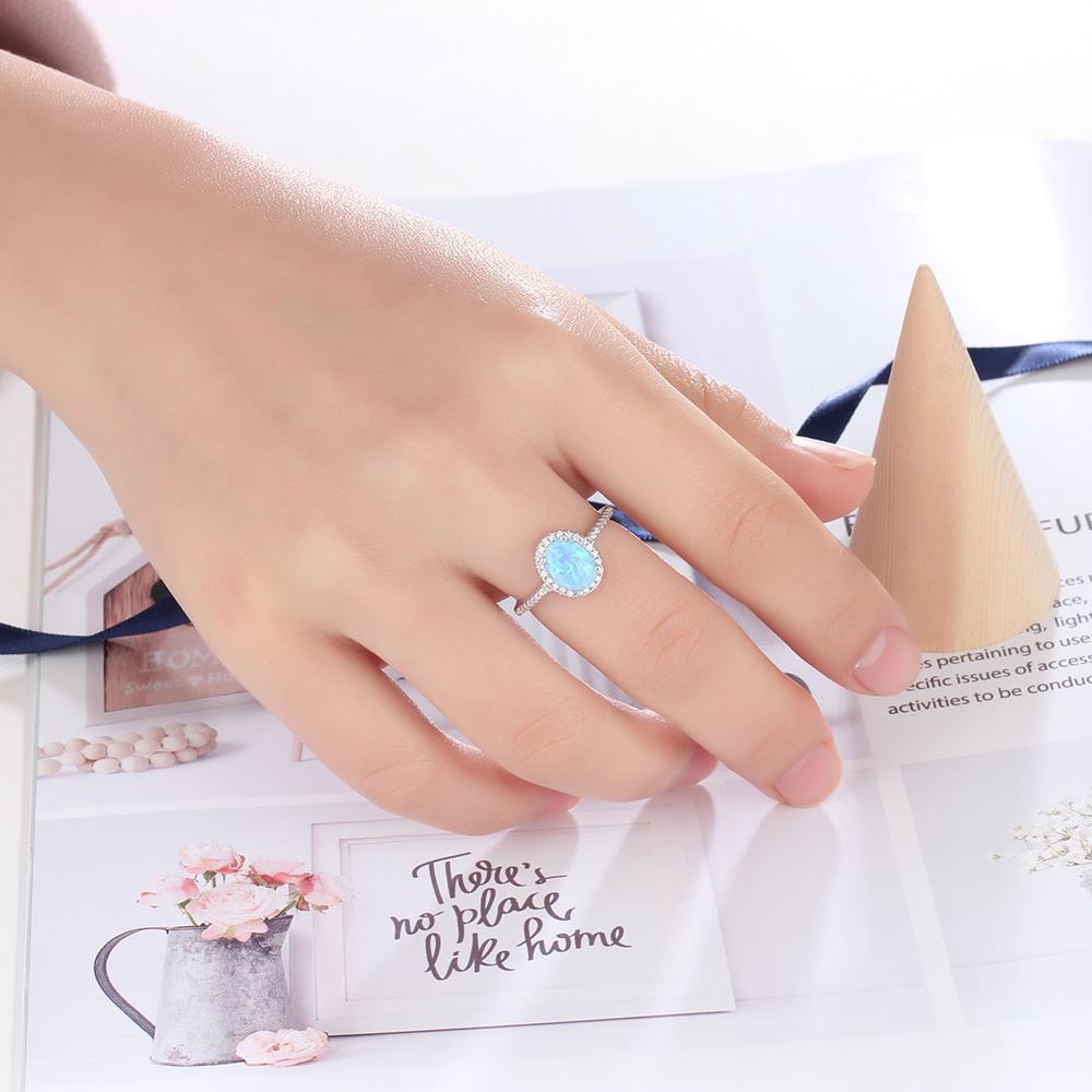 Mother's Day Gift Promise Ring Sterling Silver Ring with Blue Simulated Opal-Engravingift