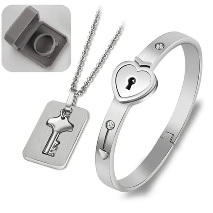 Key to My Heart Couple Key Necklace and Love Lock Bracelet