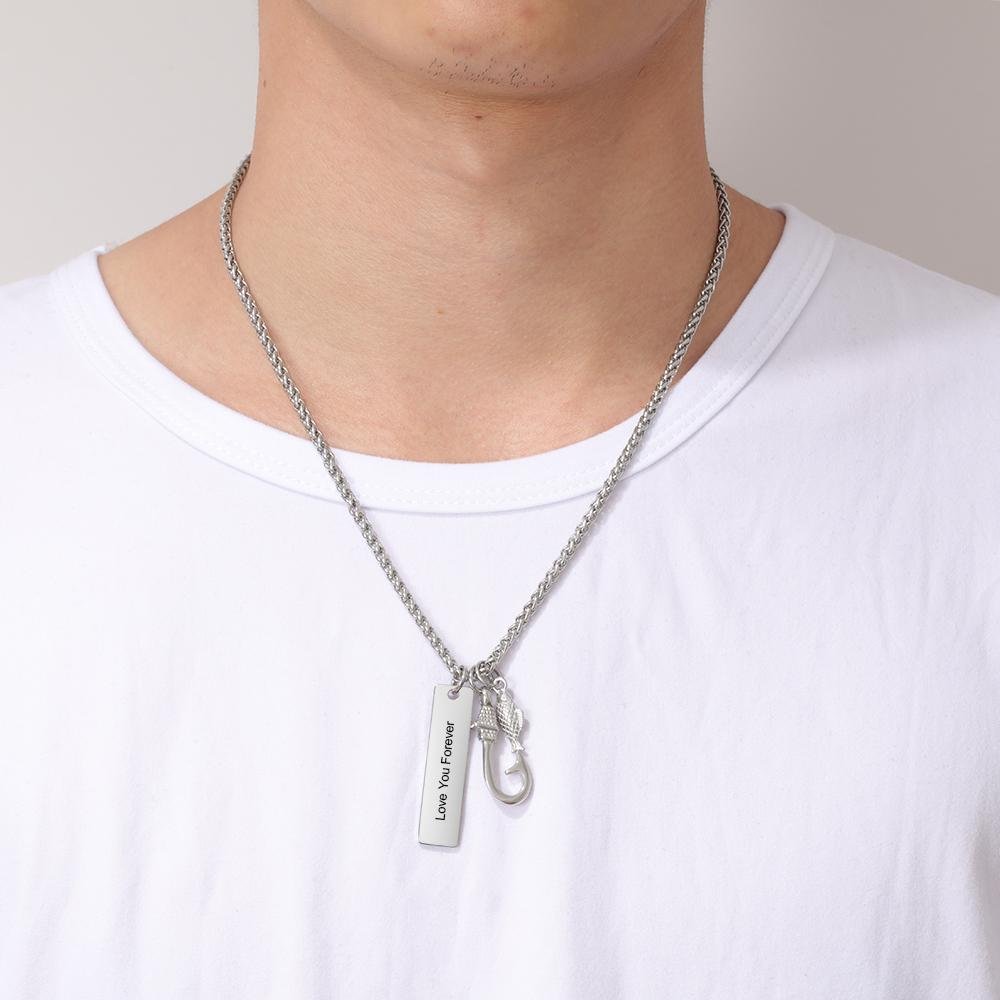 Father's Day gift Men Fish Hook Necklace with Engraved Bar Pendant Charm