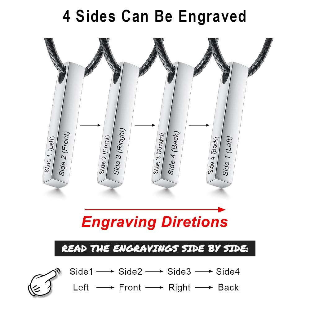 Christmas Gift Men Vertical Bar Necklace Engraved 4 Side 3D Bar Necklace Personalized with 4 Names-Engravingift