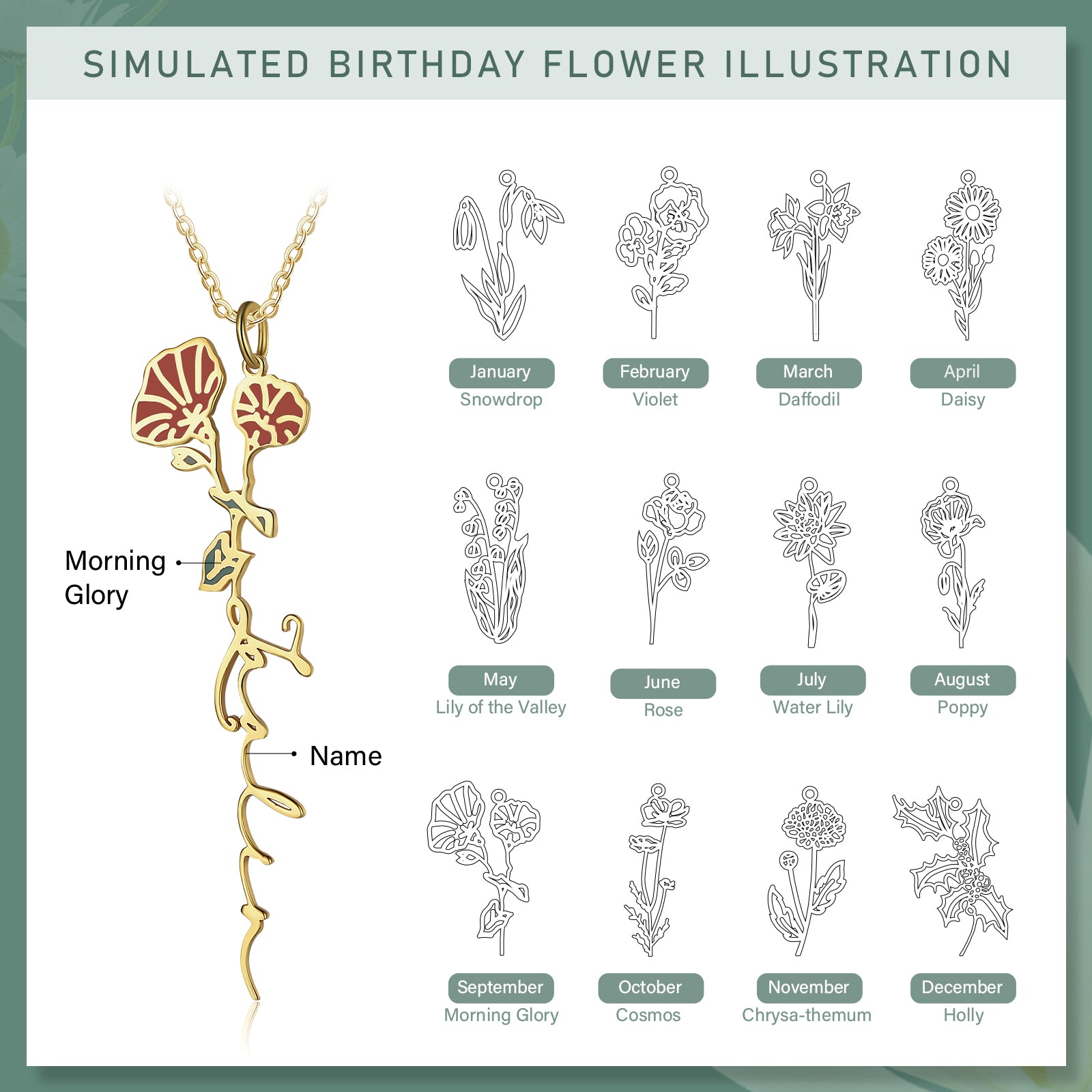 Mother's Day Gift Morning Glory Name Necklace Custom September Birth Flower Necklace for Her-Engravingift