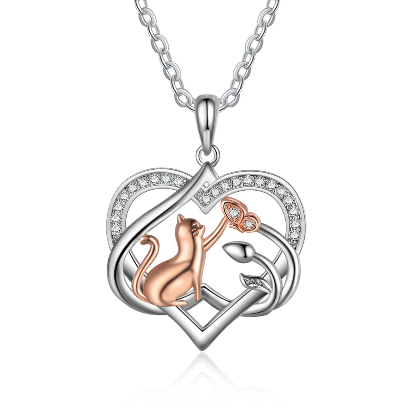 Mother's Day Gift Heart Cat Pendant Necklace with Diamond Cat Lover Birthday Gift-Engravingift