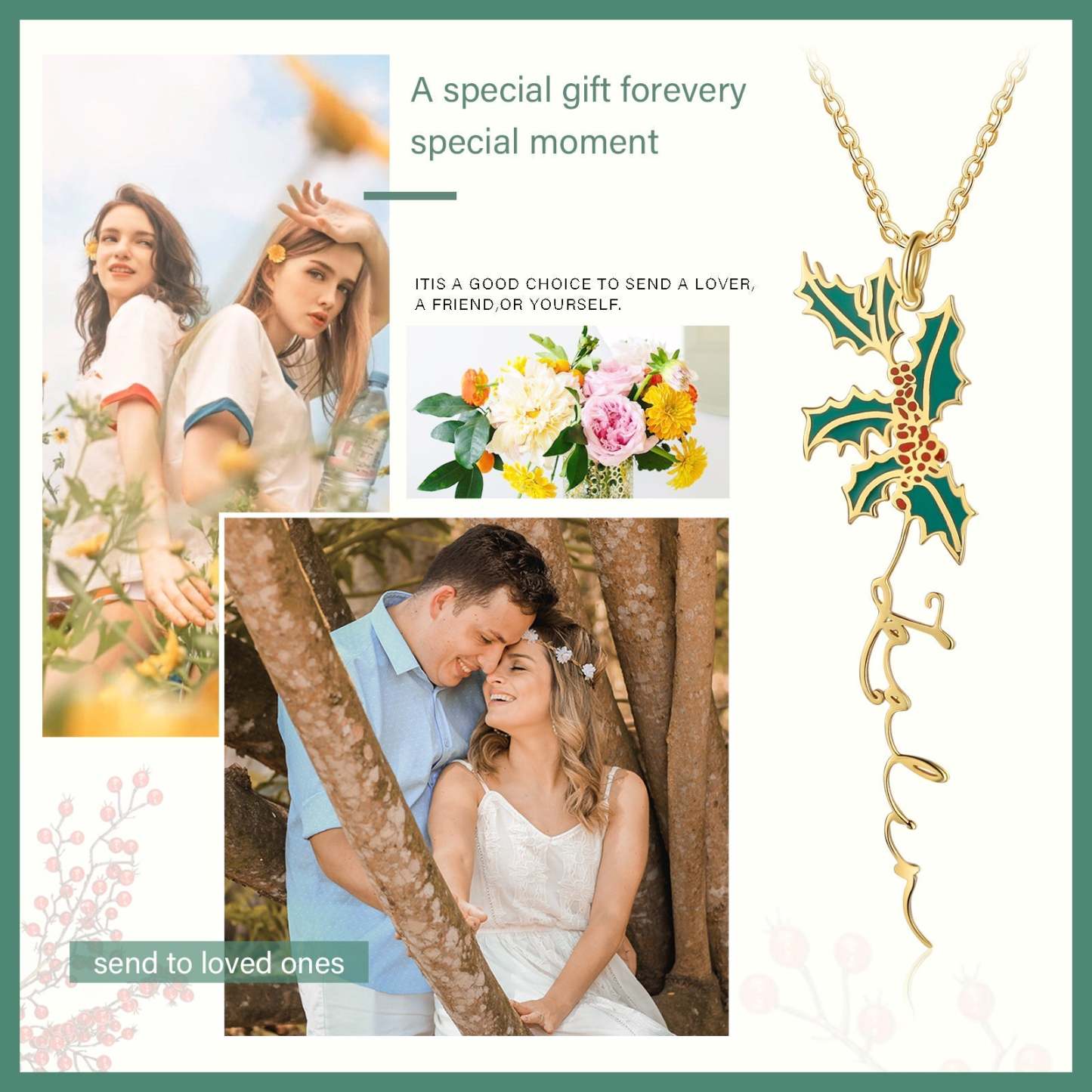 Christmas Gift Holly Name Necklace Custom December Birth Flower Necklace for Her