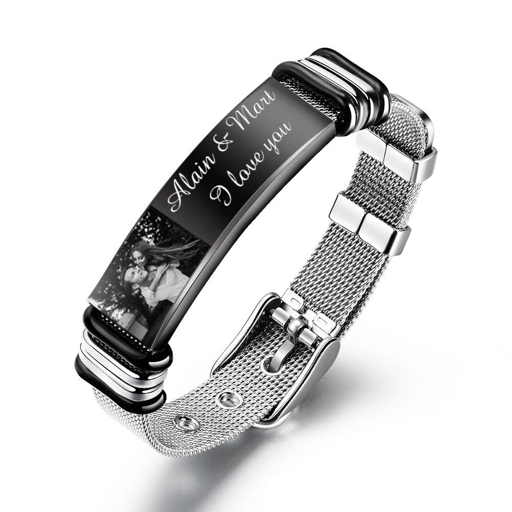 Father's Day Gift Personalized Men Photo Bracelet Engraved ID Bar Bracelet-Engravingift