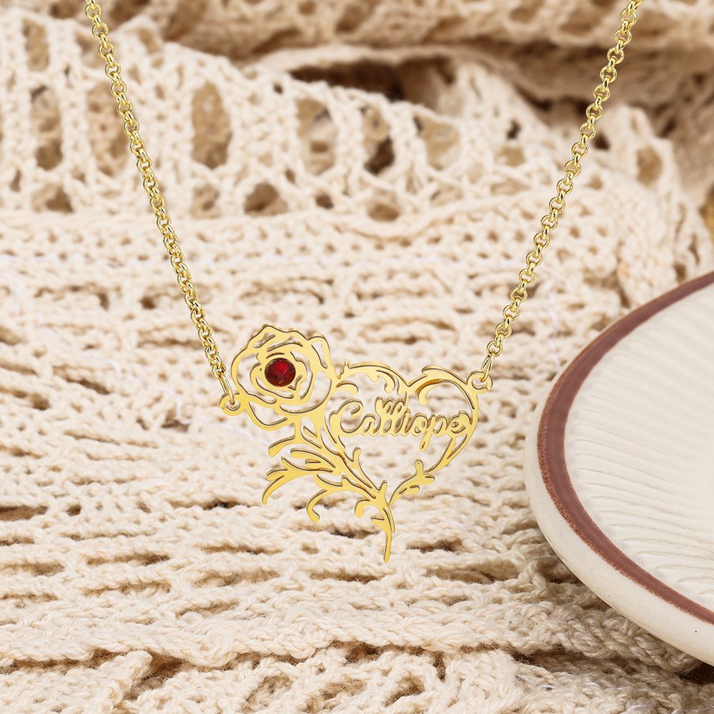 Mother's Day Gift Name Necklace Rose With Birthstone Heart Shape Personalized Name Necklaces-Engravingift