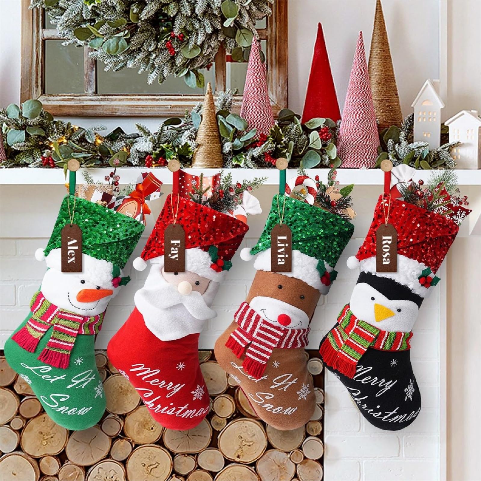 Christmas Stockings Personalized Name Tags Sequin Cartoon Santa Gift 3D Character