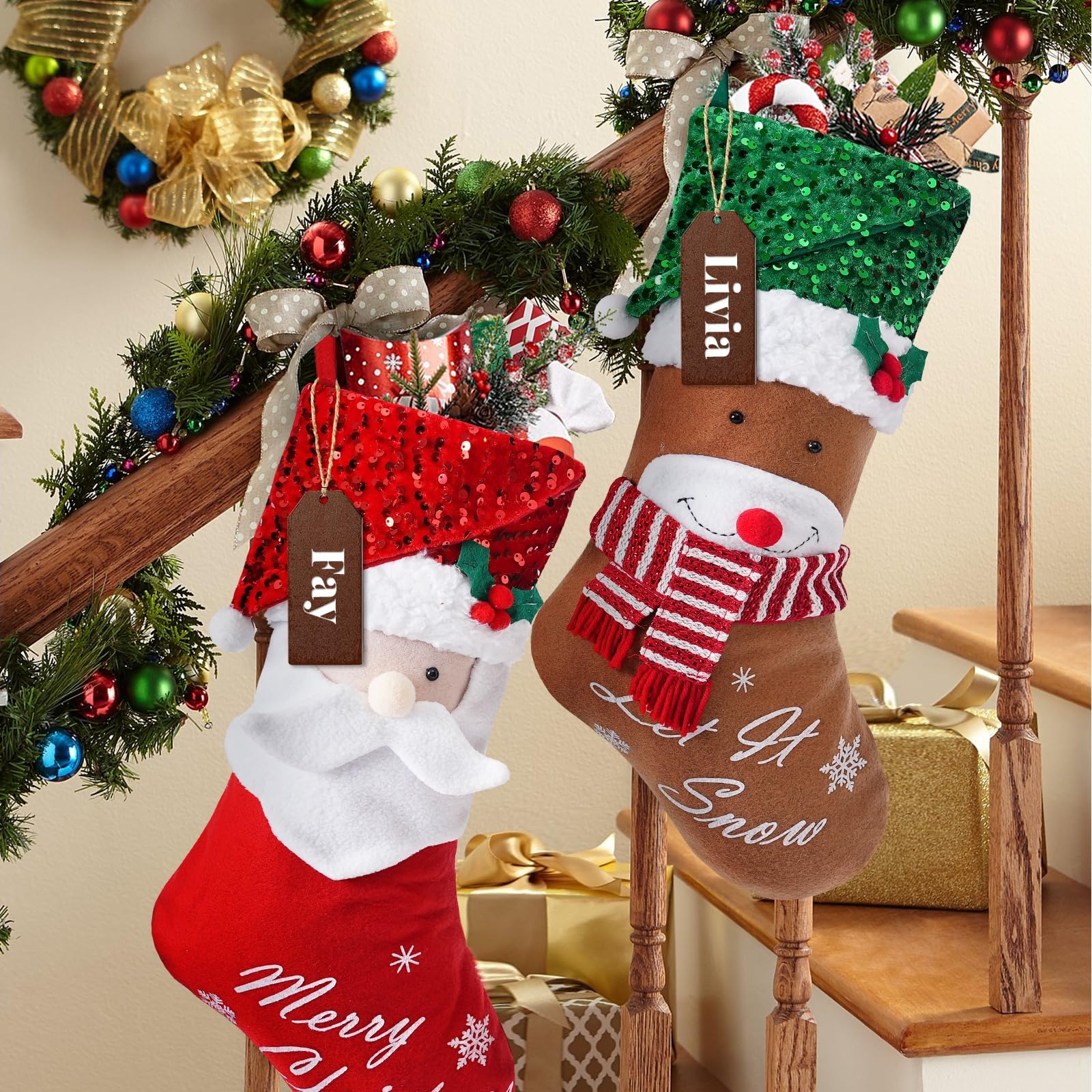 Christmas Stockings Personalized Name Tags Sequin Cartoon Santa Gift 3D Character