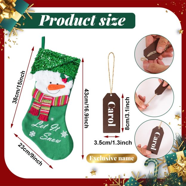 Christmas Stockings Personalized Name Tags Sequin Cartoon Santa Gift 3D Character