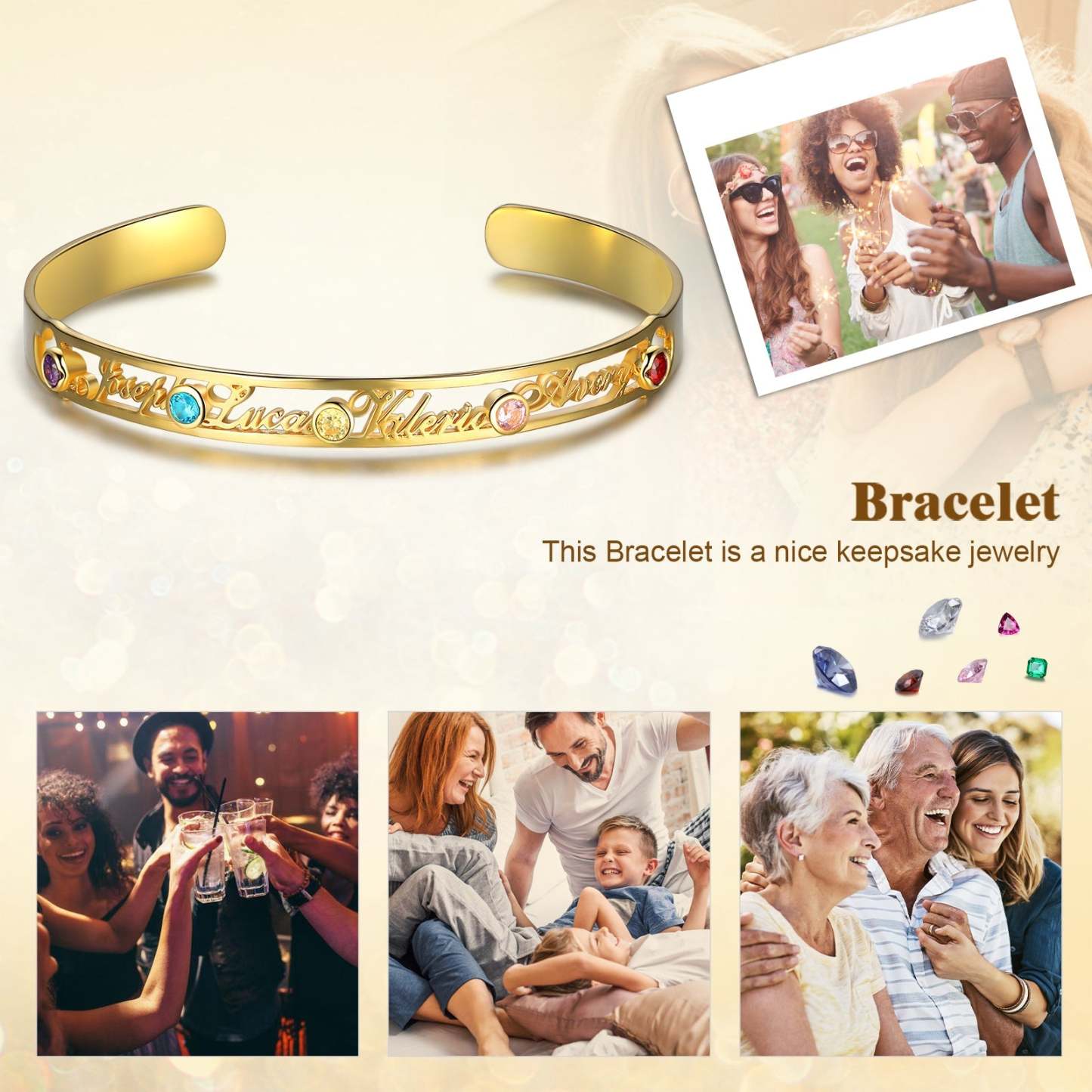 Mother's Day Gift Personalized Name Bangle Bracelet Custom 4 Names and 5 Birthstones Bracelet for Her-Engravingift