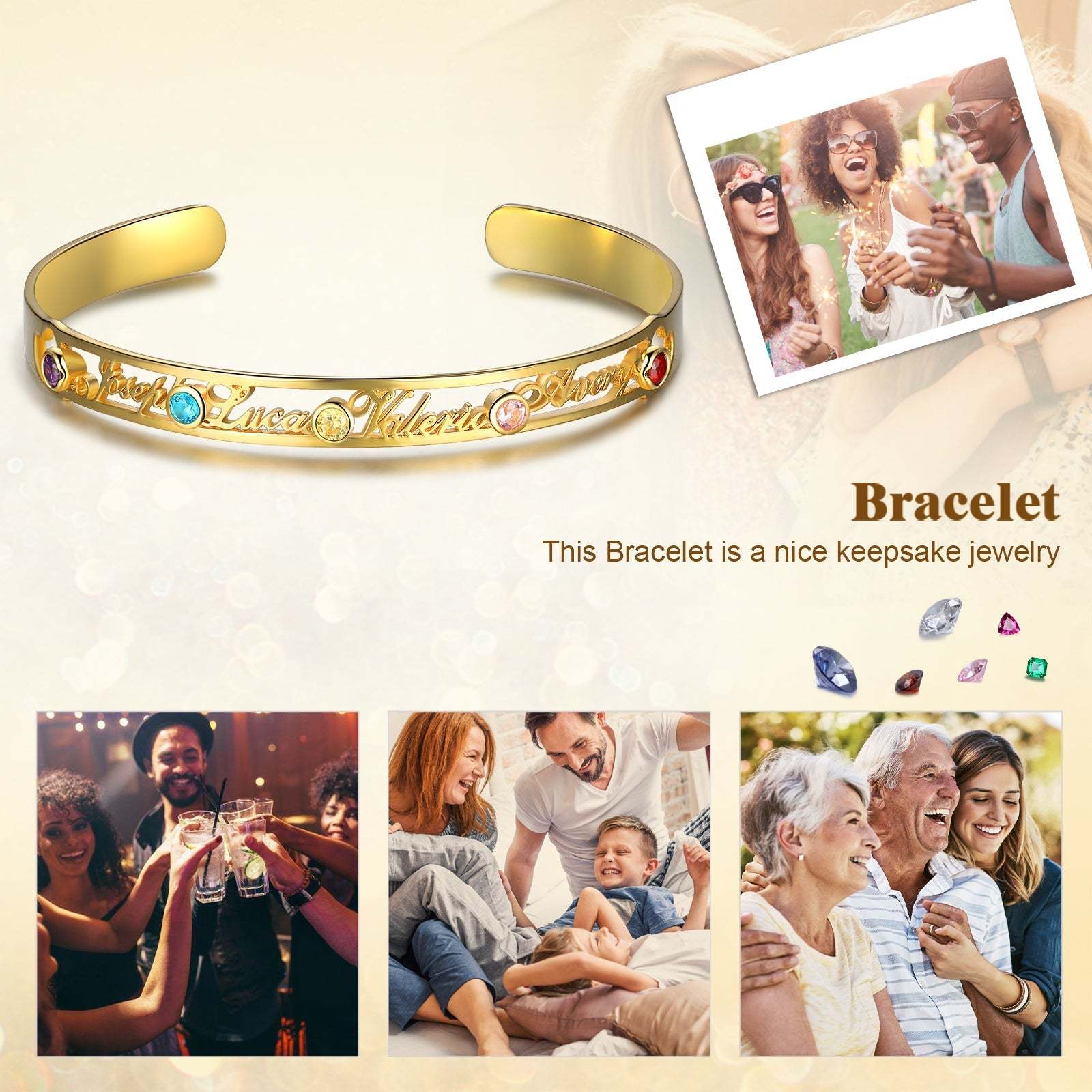 Mother's Day Gift Personalized Name Bangle Bracelet Custom 4 Names and 5 Birthstones Bracelet for Her-Engravingift