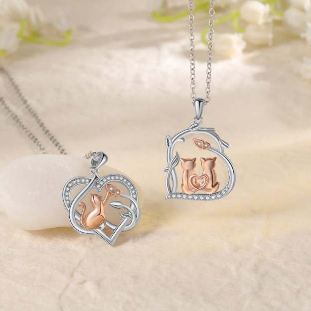 Mother's Day Gift Heart Cat Pendant Necklace with Diamond Cat Lover Birthday Gift-Engravingift