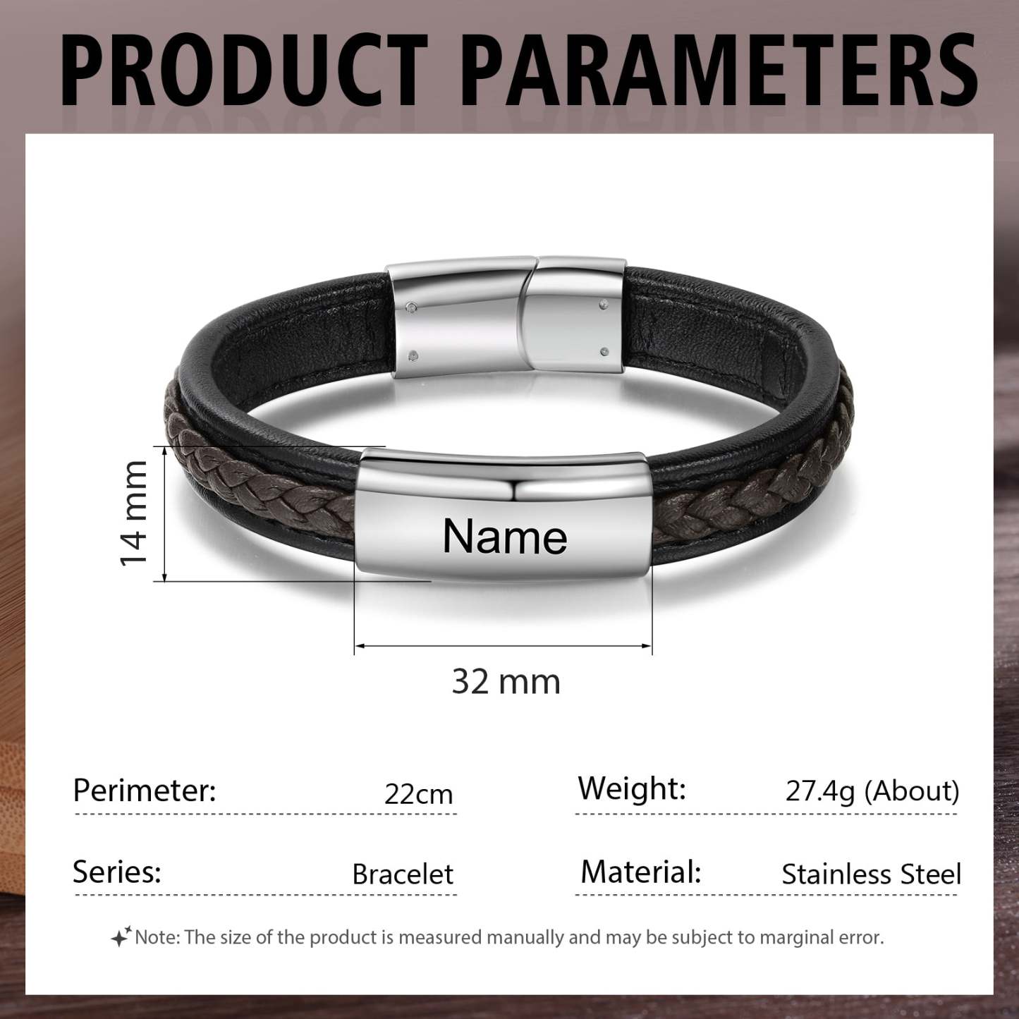 Christmas Gift Men Leather Bracelet Personalized Name ID Bar Bracelet for Him