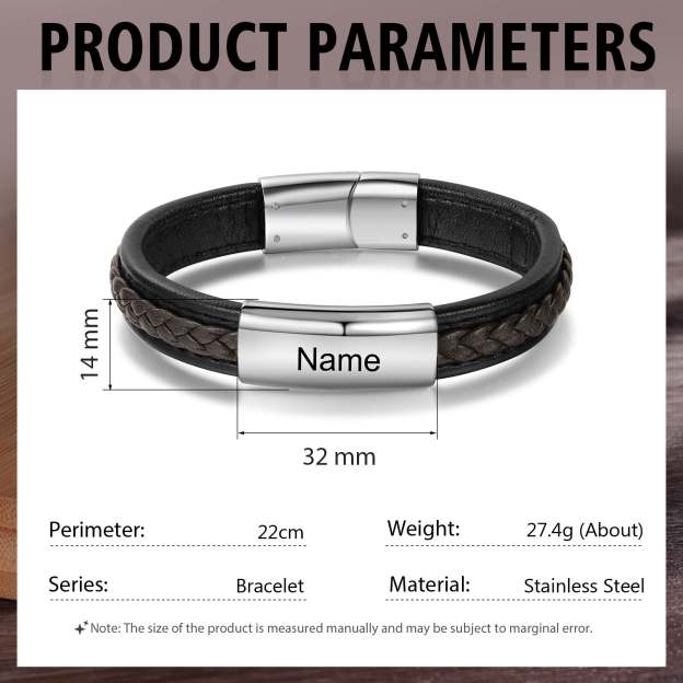 Christmas Gift Men Leather Bracelet Personalized Name ID Bar Bracelet for Him