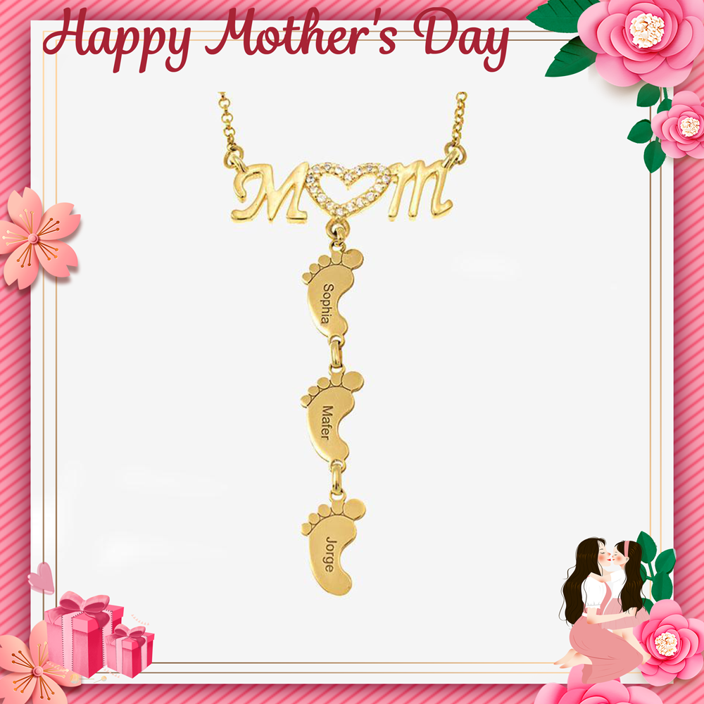 Christmas Gift Personalised Heart Crystal Mom Necklace With Baby Feet