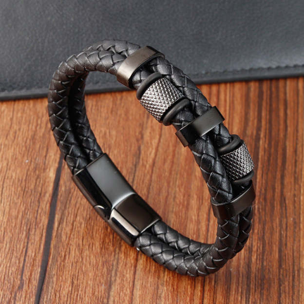 Father's Day Gift Men Braided Leather Bracelets Layered Beads Bracelets with Magnetic Clasp Gifts for Him-Engravingift