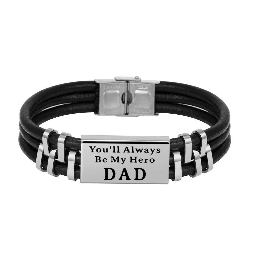 Christmas Gift Personalized Men Leather Bracelet Engraved Name and Text ID Bar Bracelet