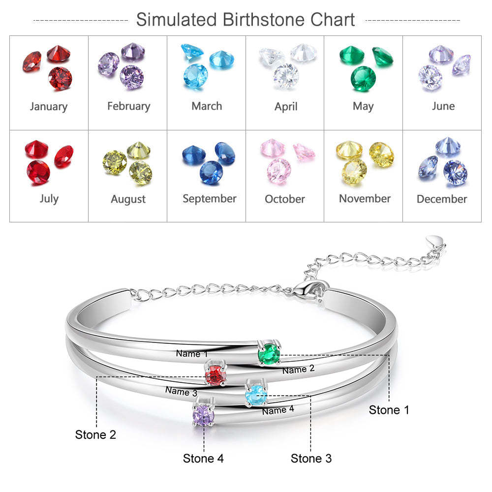 Christmas Gift Personalized Bracelet with 4 Birthstones Family Bracelet for Mom