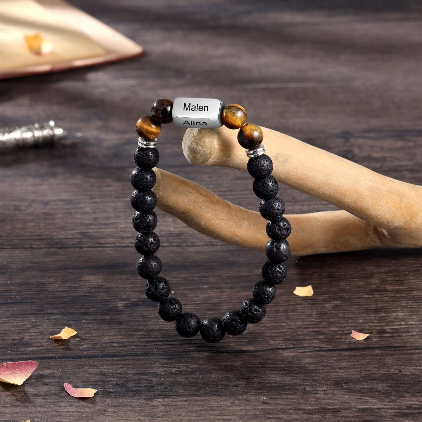 Christmas Gift Personalized Black Onyx Bracelet Engraves 4 Names Beads Warp Bracelet