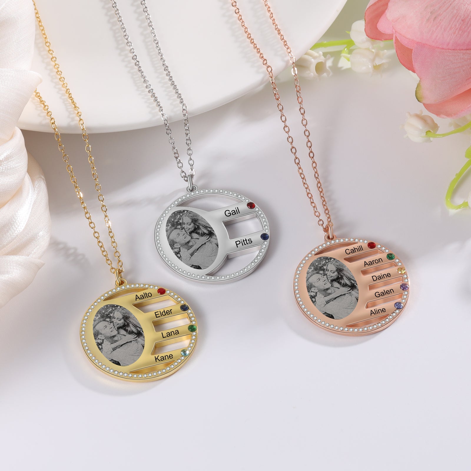 Mother's Day Gift Custom Photo Pendant Necklace with 4 Birthstones Anniversary Birthday Gift for Mother Grandma-Engravingift