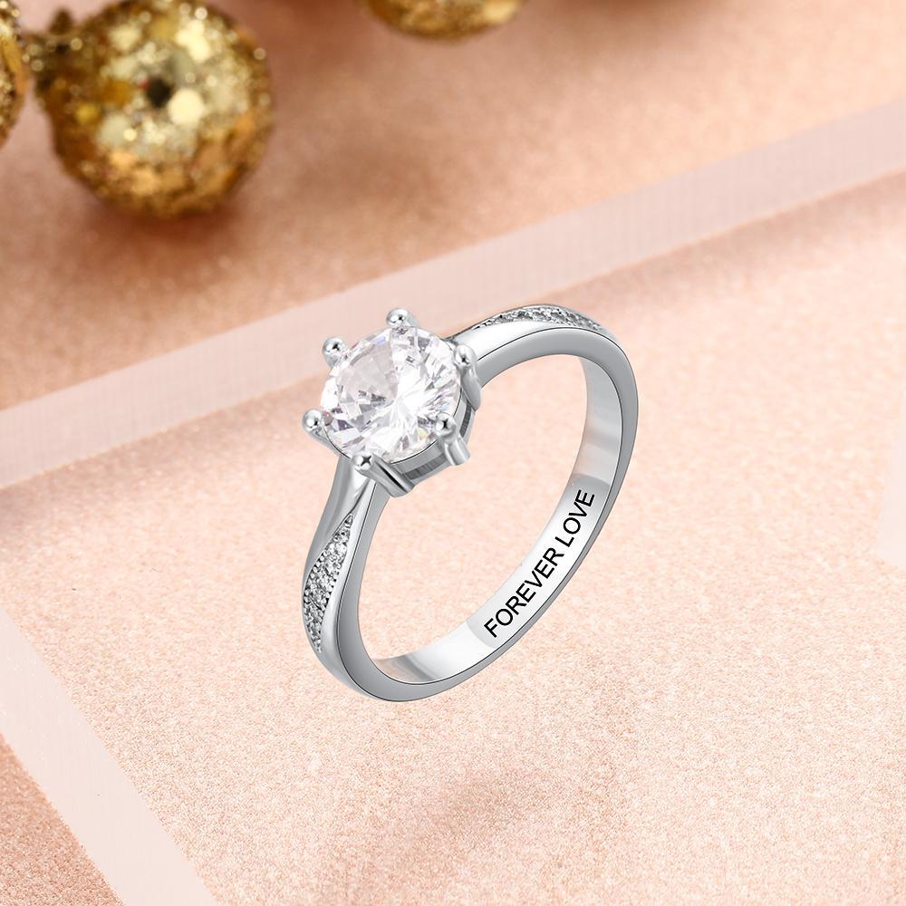 Mother's Day Gift Diamond Round Cut Engagement Ring April Birthstone Ring For Her Engraved Perfect Gift For Women-Engravingift