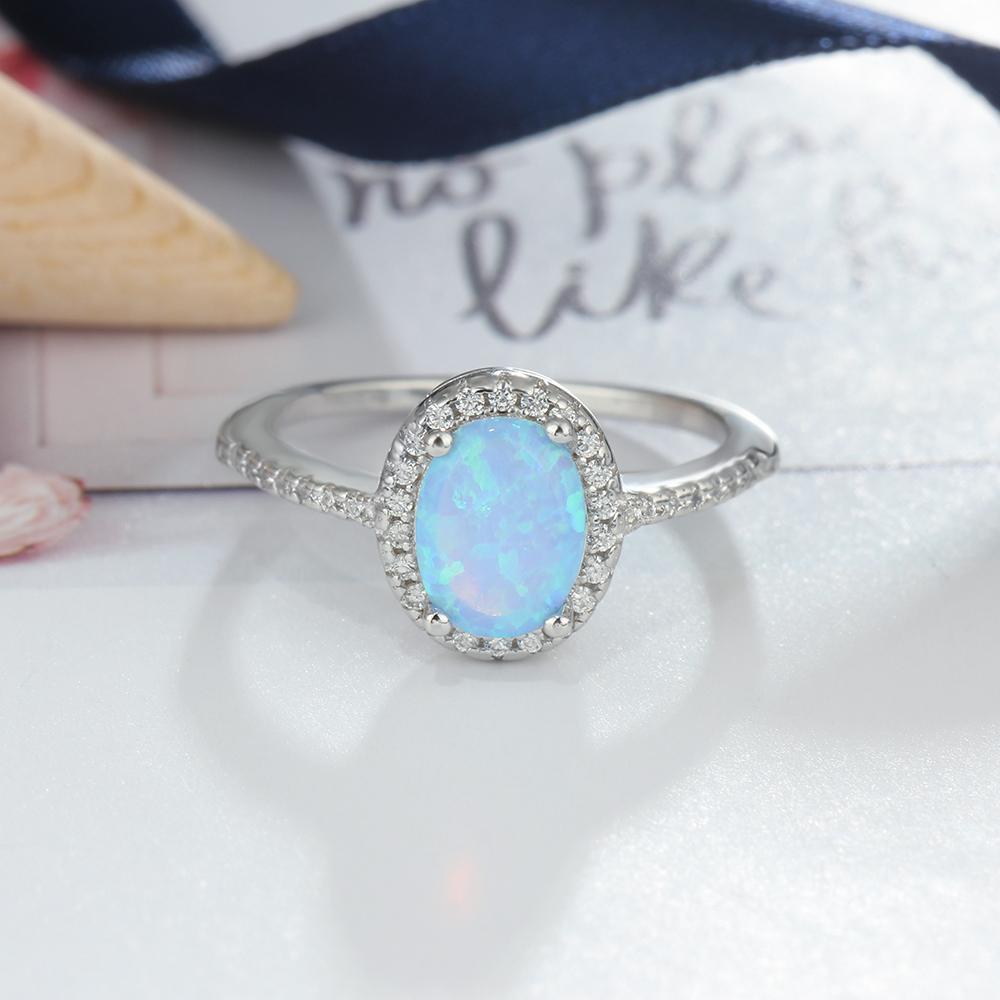 Mother's Day Gift Promise Ring Sterling Silver Ring with Blue Simulated Opal-Engravingift