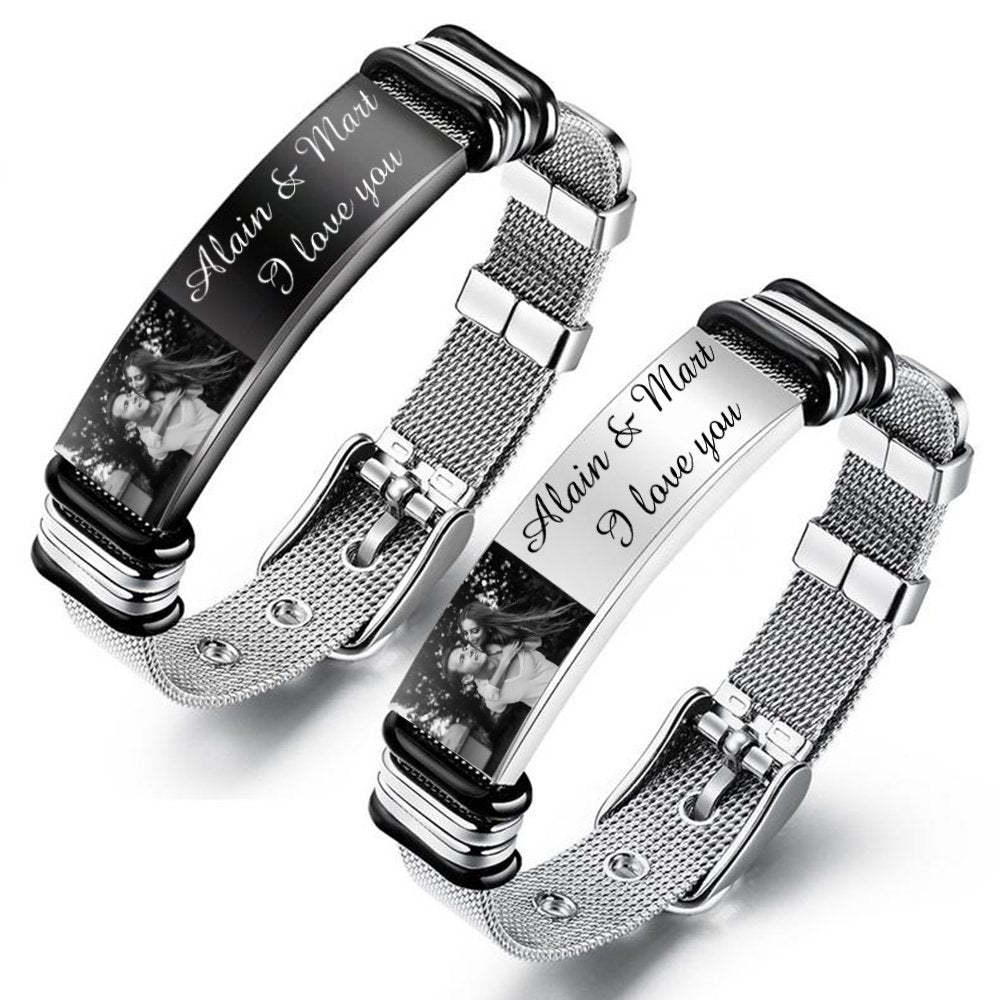 Father's Day Gift Personalized Men Photo Bracelet Engraved ID Bar Bracelet-Engravingift