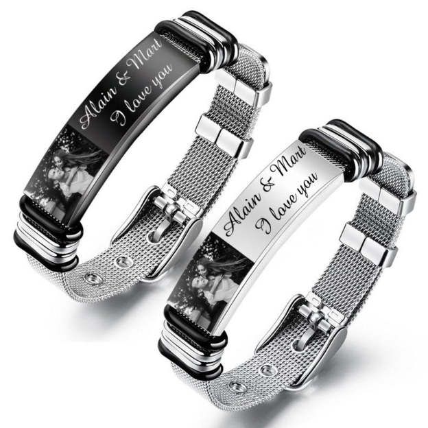 Father's Day Gift Personalized Men Photo Bracelet Engraved ID Bar Bracelet-Engravingift