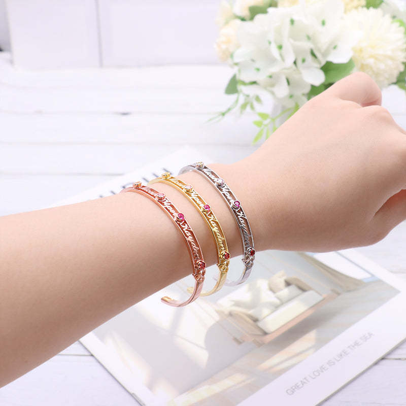 Mother's Day Gift Personalized Name Bangle Bracelet Custom 4 Names and 5 Birthstones Bracelet for Her-Engravingift