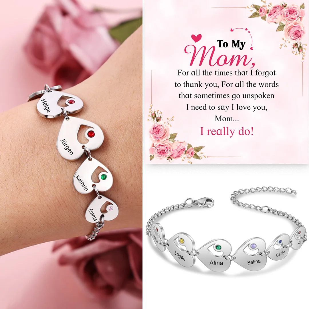 Personalized Heart Bracelet Custom Names & Birthstones Family Bracelet Gifts for Her