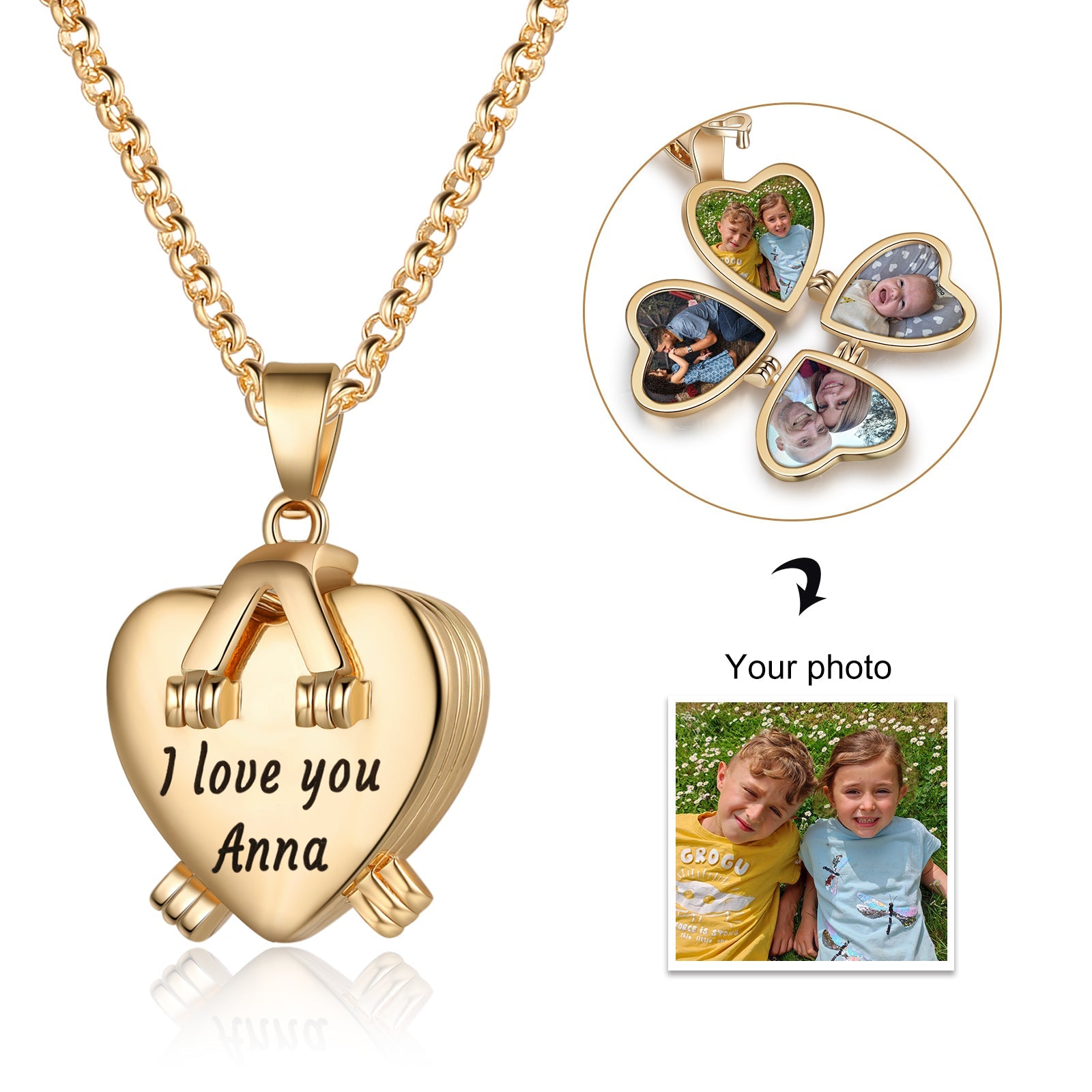 Christmas Gift Personalized Four Leaf Clover Photo Necklace Folding Vintage Locket Necklace