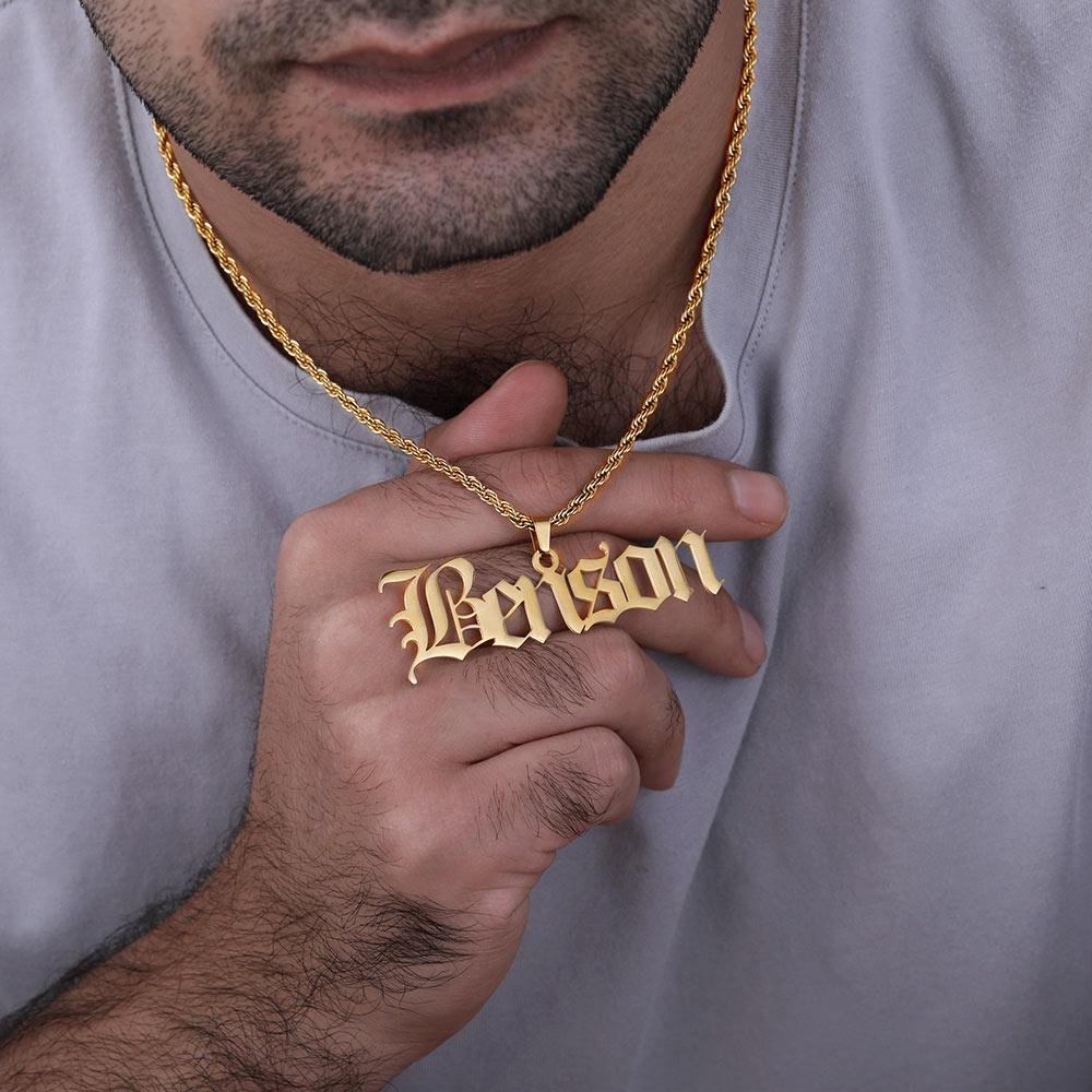 Father's Day Gift Men Custom Name Necklace Personalized Old English Name Chain 14K Gold Pated
