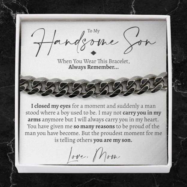 Mother's Day Gift To My Handsome Son Cuban Chain Bracelet Stainless Steel Bracelet Warm Gift "I Love You Always and Forever"-Engravingift