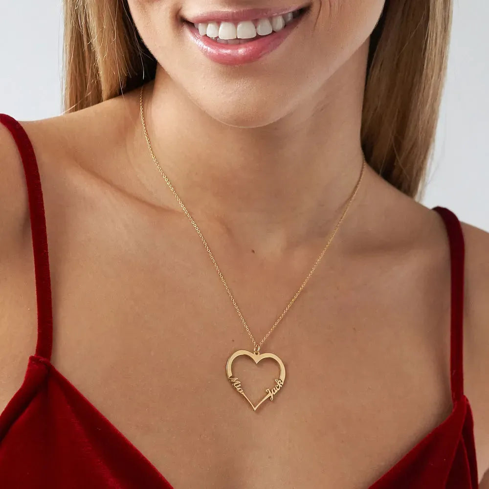 Christmas Gift Contour Heart Pendant Necklace with Two Names