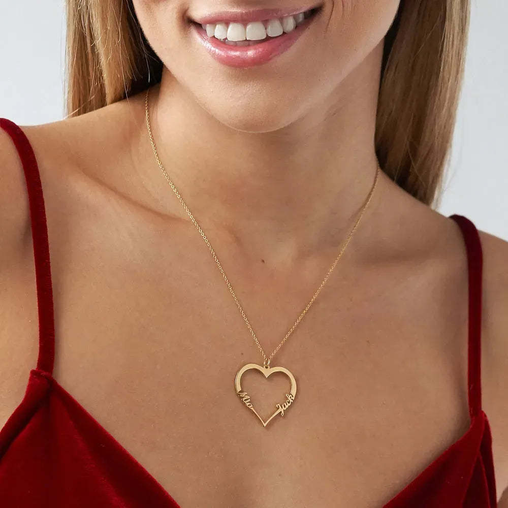 Christmas Gift Contour Heart Pendant Necklace with Two Names