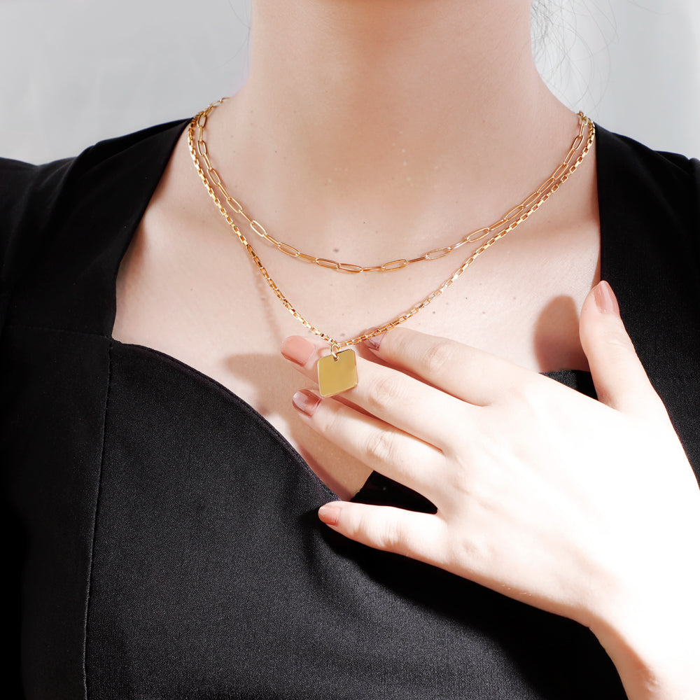 Mother's Day Gift Double chain square pendant necklace-Engravingift