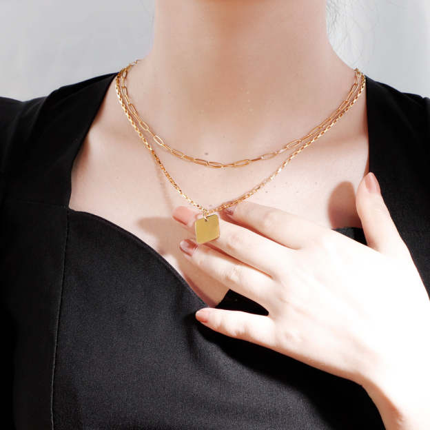 Mother's Day Gift Double chain square pendant necklace-Engravingift